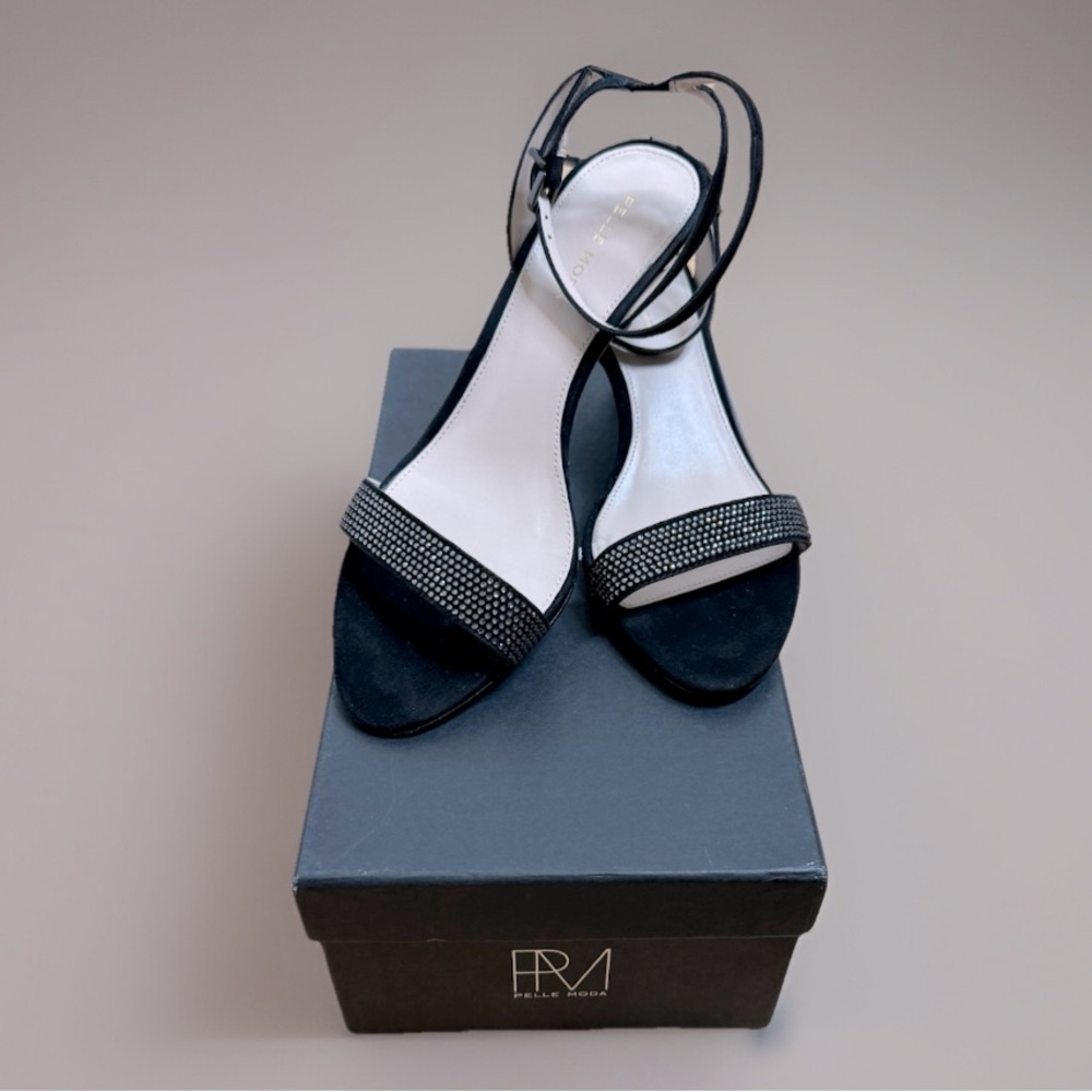 Pelle Moda Kitten Heeled‎ Sandals, Black Suede, Rhinestone Glam